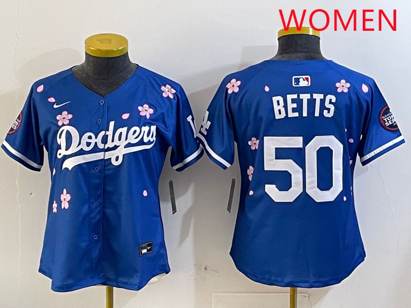 Women Los Angeles Dodgers 50 Betts Blue Sakura Edition 2025 Nike MLB Jersey style 1